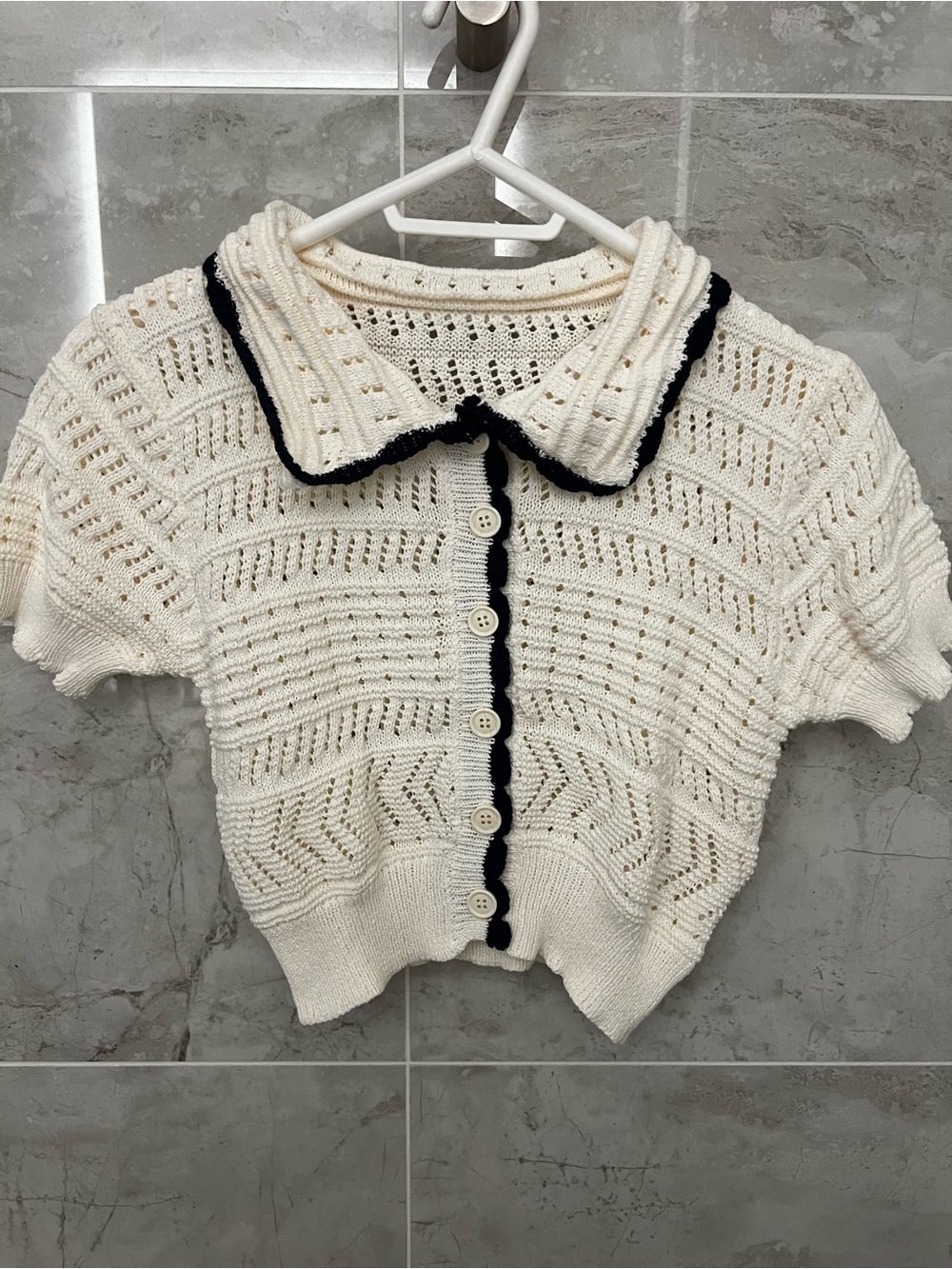 NWT Cream Short-Sleeve Knit Cardigan with Contrast Trim